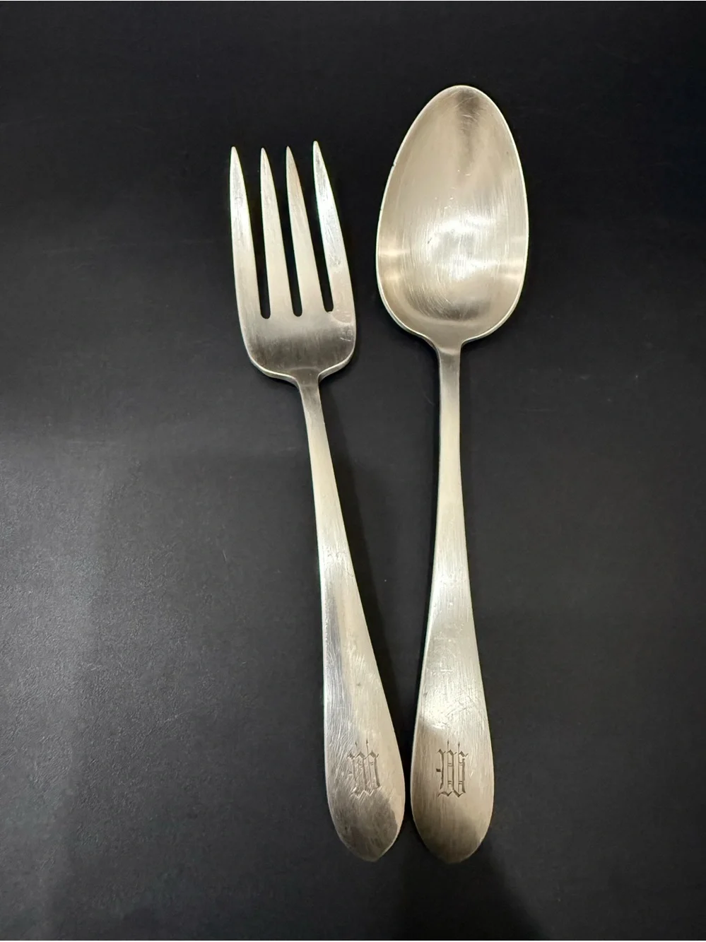 Vintage GORHAM Sterling Silver Gothic Monogram W 8” Serving Fork & Spoon 156g.